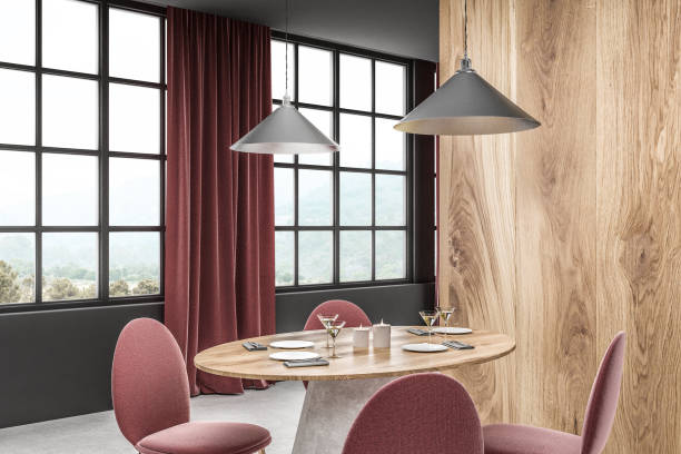 istock Wooden cafe corner, red chairs 1126543790
