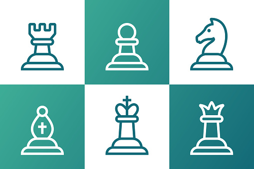 Chess pieces board game line drawings.