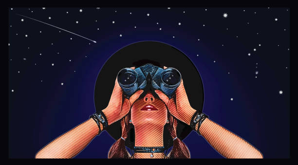 Young hipster woman with binoculars and stars Engraving vector of a Young hipster woman with binoculars and stars binoculars point of view stock illustrations