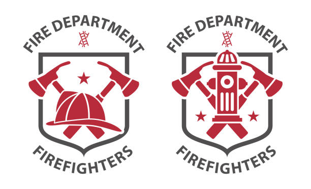 Red vintage fireman pictograms Red vintage fireman pictograms in grey shield firefighter stock illustrations