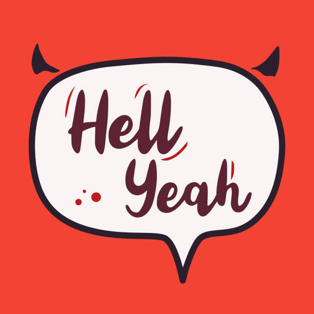 Hell yeah cloud Hell yeah - vector illustration with purple lettering. White speech cloud with black devil horns isolated on red background cartoon devil with speech bubble stock illustrations
