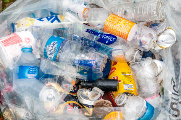 istock Recycle selection of empty plastic bottles, glass and drinks cans in close up 1126557079