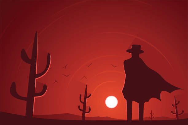 schütze in der westlichen wüste-szene - desperado stock-grafiken, -clipart, -cartoons und -symbole