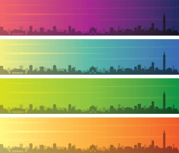 tajpej wiele kolorów gradient skyline banner - backgrounds cityscape taipei taiwan stock illustrations