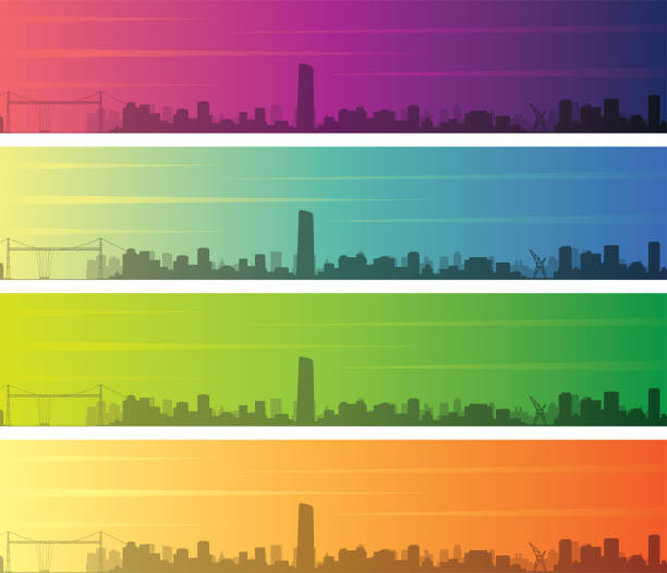 ilustraciones, imágenes clip art, dibujos animados e iconos de stock de bilbao múltiples skyline de gradiente de color de la bandera - bilbao
