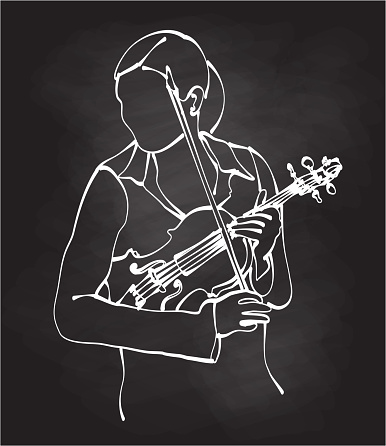 illustration of a female violonist holding her instrument and getting ready to play