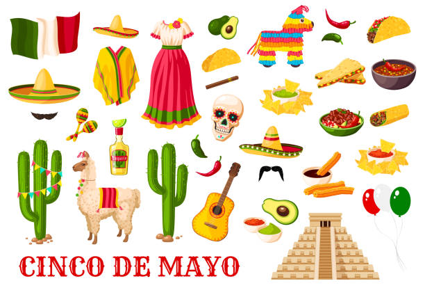 Cinco de Mayo traditional Mexican holiday symbols Cinco de Mayo celebration icons, Mexican holiday fiesta traditional symbols. Vector Mexico flag balloons, sombrero and poncho with Mexican cactus tequila, guitar and avocado, burrito and churros maraca stock illustrations