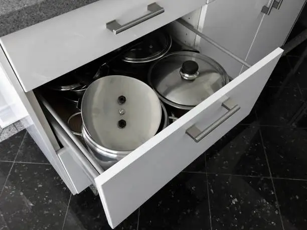 Photo of Pots and pans in a white modern kitchen drawer