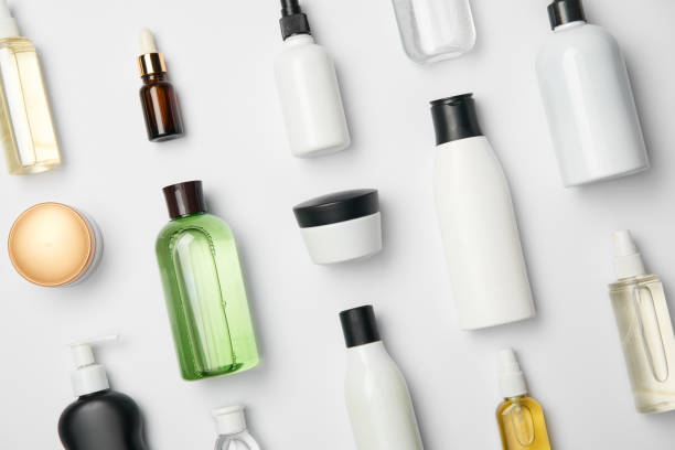 istock Top view of various cosmetic bottles and containers on white background 1126565297