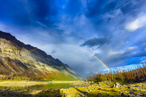 Rainbow in Medicine Lake area in Jasper National Park