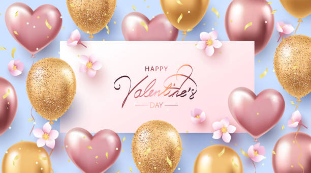 mutlu sevgililer günü arka plan helyum parlatıcı gül-altın ve altın balon, konfeti ve kiraz çiçekleri ile - cherry valentine stock illustrations