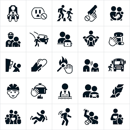 An icon set of child safety themes. The themes include children, toddlers, babies, child in car seat, electric outlet, parent and child crossing street in crosswalk, gun, police officer, internet safety, prescription medications, dresser falling over, matches, verbal abuse, school bus, bicycle helmet, hot stove, life jacket, rescue, family, fall, tracking device, child abuse, violence, child abuse prevention and other related themes.
