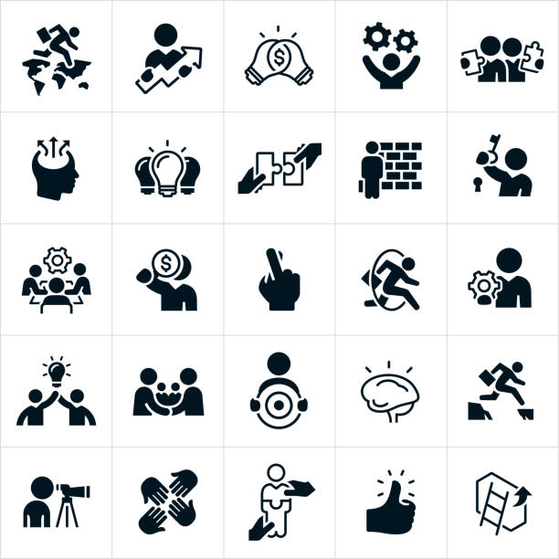 Business Strategy Icons A set of business strategy icons. They include business people, business men, a business person jumping from continent to continent, business man with ideas flowing from his head, light bulb, two light bulbs joined together, a brick wall, gear cogs, business people holding puzzle pieces, business person jumping through a hoop, business people shaking hands, a business person jumping over a gap, a thumbs up and a ladder against a wall to name a few. And some of the themes and concepts that they symbolize include business success, business strategy, innovation, accomplishments, achievement, ideas, creativity, solutions, obstacles, overcoming obstacles, team effort, victory, bridging the gap, unlocking potential, unlocking ideas, the missing piece to a puzzle and business collaboration to name just a few. bridging the gap stock illustrations