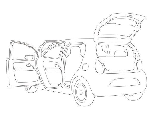 хэтчбек автомобиль, который открывает двери и задний люк, вектор иллюстрации - mirror car rear view mirror road stock illustrations