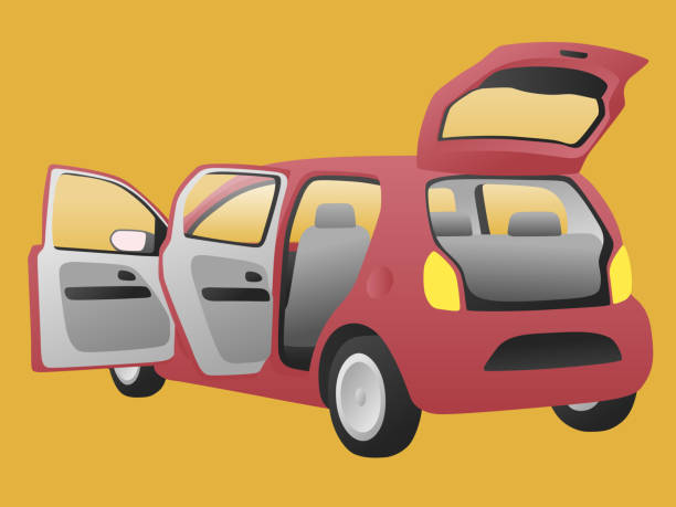 ilustraciones, imágenes clip art, dibujos animados e iconos de stock de vehículo hatchback que abra las puertas y parte posterior de la portilla, ilustración vectorial - rear view mirror road trip car mirror
