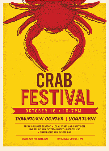Vector illustration of a Seafood Festival advertisement poster design template. Includes bright colors. Hand drawn crab. Sample placement text. Easy to edit with layers.