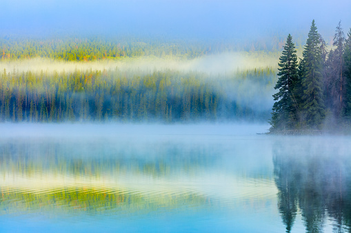Pyramid Lake with fog in Jasper National Park