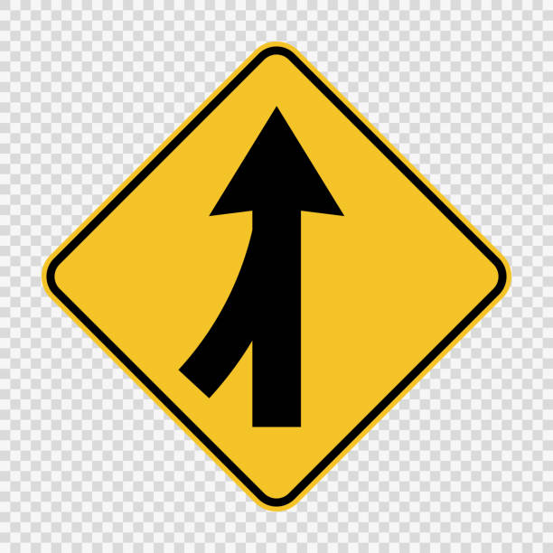 ilustraciones, imágenes clip art, dibujos animados e iconos de stock de carriles de símbolo fusión izquierda muestra sobre fondo transparente - changing form road sign sign yellow