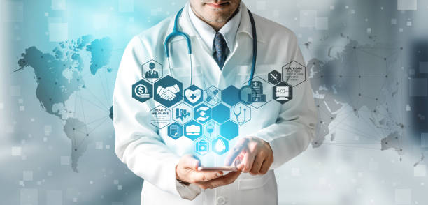 Healthcare concept. Health Insurance Concept - Doctor in hospital with health insurance related icon graphic interface showing healthcare people, money planning, risk management, medical treatment and coverage benefit. medical insurance data stock pictures, royalty-free photos & images