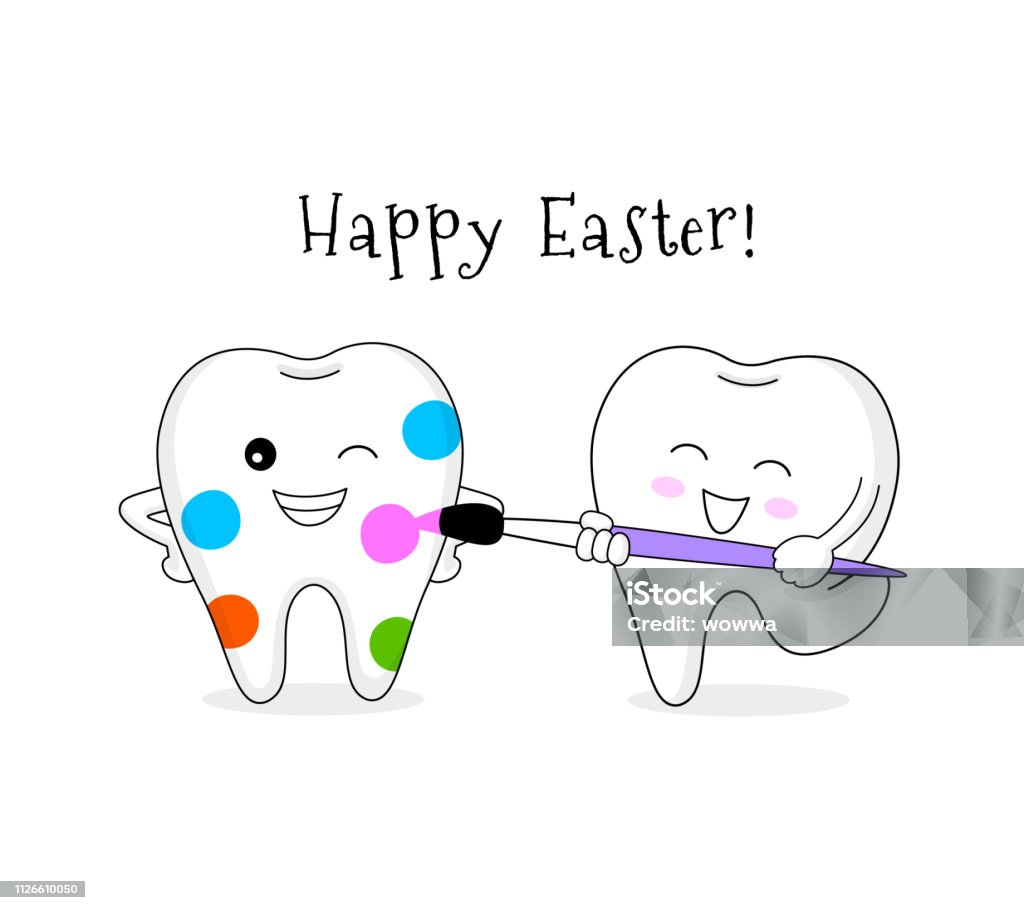 Cute cartoon tooth painted by paintbrush. Happy Easter Day concept. Illustration isolated on white background. Easter stock vector