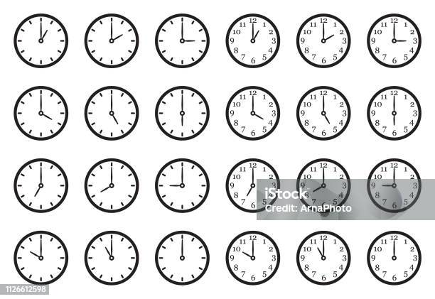 Ilustración de Iconos De Reloj Analógico Diseño Plano Negro Ilustración De Vector y más Vectores Libres de Derechos de Reloj