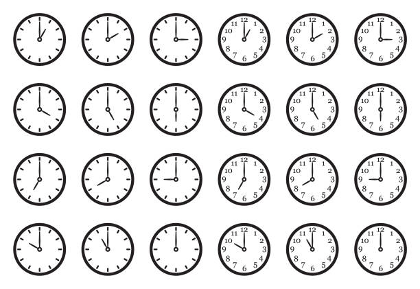 Analog Clock Icons. Black Flat Design. Vector Illustration. Minutes, Seconds, Time clock face stock illustrations