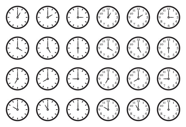 Analog Clock Icons. Black Flat Design. Vector Illustration. Minutes, Seconds, Time time zone time watch world map stock illustrations
