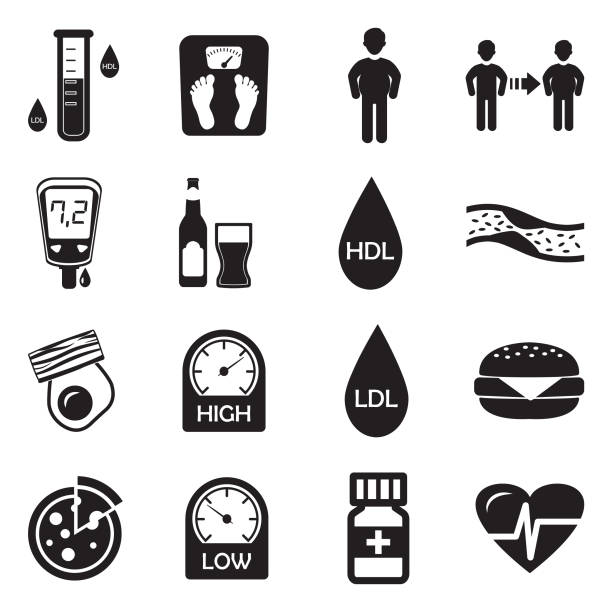 ilustraciones, imágenes clip art, dibujos animados e iconos de stock de iconos de colesterol. diseño plano negro. ilustración de vector. - lipoprotein