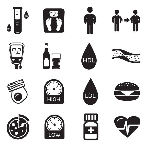 Cholesterol Icons. Black Flat Design. Vector Illustration. Fat, Diet, Food, Drink colesterol stock illustrations