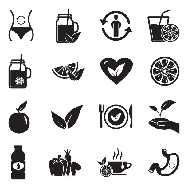 ilustraciones, imágenes clip art, dibujos animados e iconos de stock de los iconos de la desintoxicación. diseño plano negro. ilustración de vector. - apple sign food silhouette