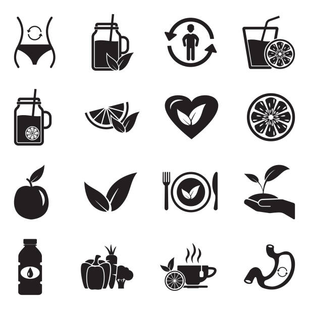детокс иконы. черный плоский дизайн. векторная иллюстрация. - apple sign food silhouette stock illustrations
