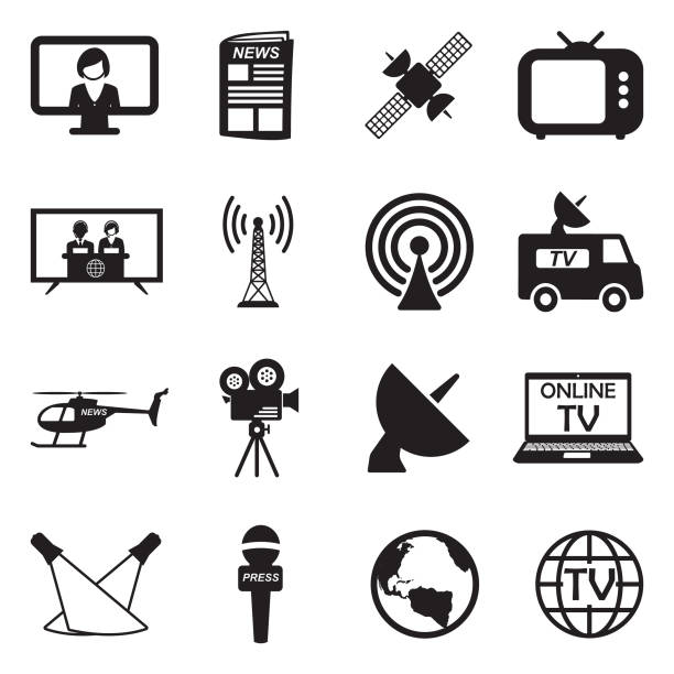 TV Station Icons. Black Flat Design. Vector Illustration. Tv, Reporter, News, Show antenna aerial stock illustrations