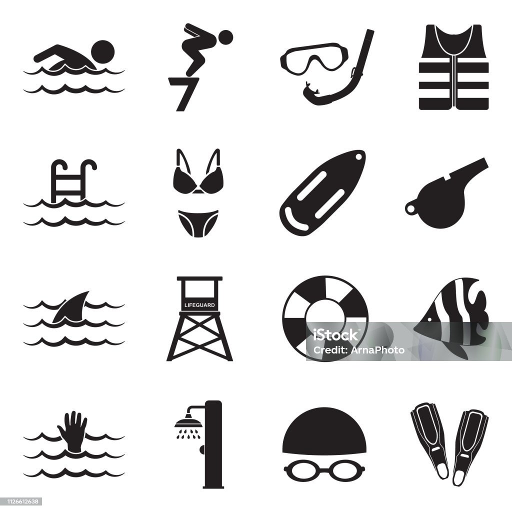 Swimming Icons. Black Flat Design. Vector Illustration. See, Water, Swimming, Beach Icon Symbol stock vector