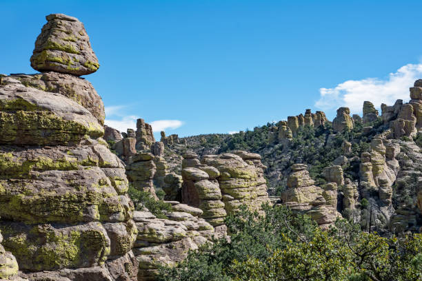 erozji rhyolite formacje skalne (szczyty, iglice i zrównoważone skały) jak widać z echo canyon loop trail w chiricahua national monument w arizonie - chiricahua national monument zdjęcia i obrazy z banku zdjęć