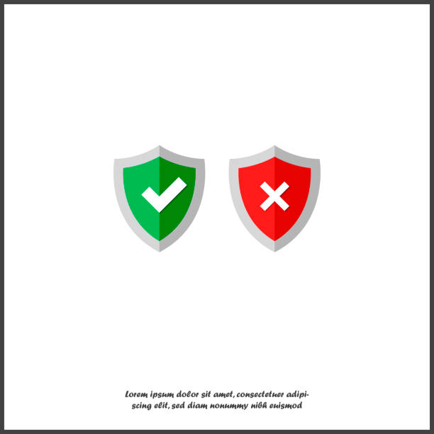 Vector illustration set  shield with green tick and red cross. Symbol of protection and reliability on white isolated background. Vector illustration set  shield with green tick and red cross. Symbol of protection and reliability on white isolated background. Layers grouped for easy editing illustration. For your design. riot shield stock illustrations