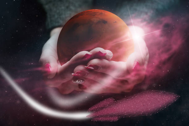 istock Woman hand hold New Home Mars. Nebula dust. Mixed media. 1126622400