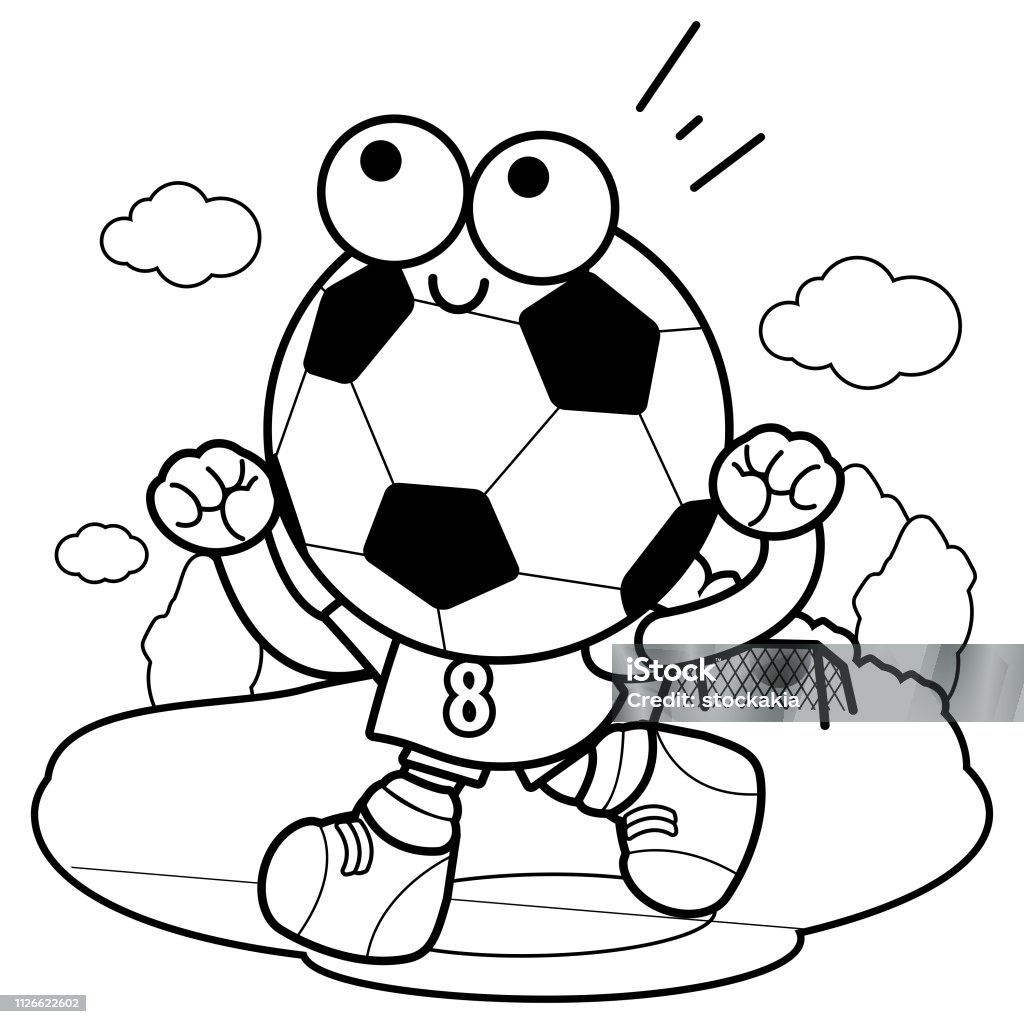 Cheering Soccer ball character. Vector black and white coloring book page A soccer ball character running and cheering on the football field. Vector black and white coloring book page Coloring Book Page - Illlustration Technique stock vector