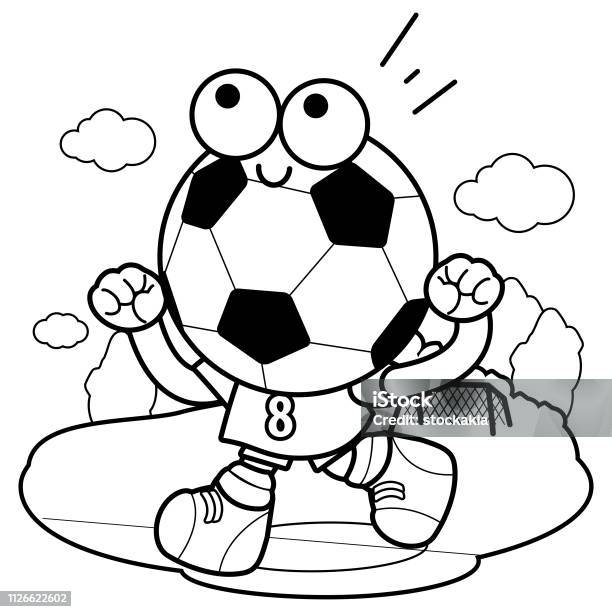 Cheering Soccer Ball Character Vector Black And White Coloring Book Page Stock Illustration - Download Image Now