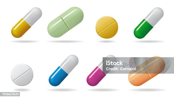 Medicinal Tablets Set Tablets Of Different Colors Isolated Objects On White Background Stock Illustration - Download Image Now