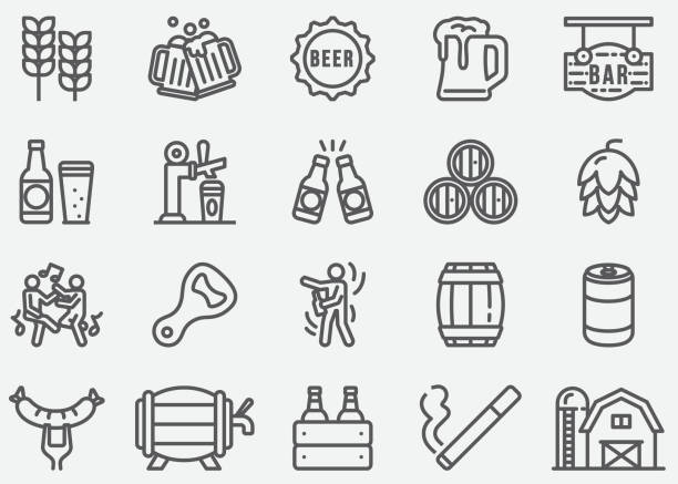 ilustraciones, imágenes clip art, dibujos animados e iconos de stock de iconos de cerveza línea de partido - bitter beer bottle alcohol beer