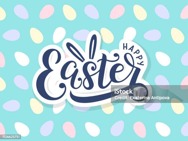 Happy Easter Lettering Logo On Seamless Easter Eggs Background Stock Illustration - Download Image Now