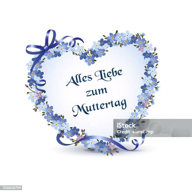 Heart With Forgetmenot Flowers For Mothers Day Greeting Card All The Love For Motherss Day In German Alles Liebe Zum Muttertag Vector Illustration Isolated On White Background Stock Illustration - Download Image Now