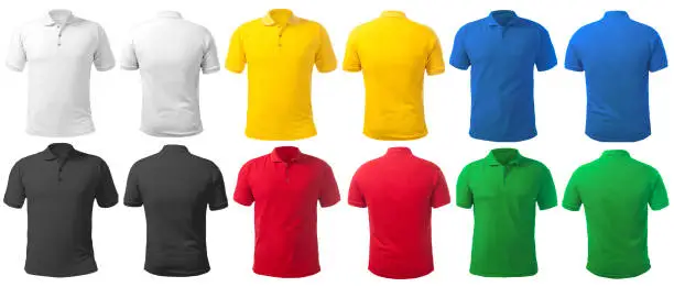 Blank collared shirt mock up template, front and back view, isolated on white, plain t-shirt mockup in many color. Polo tee design presentation for print.