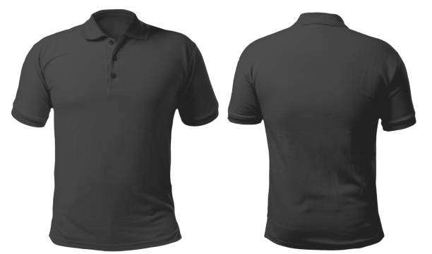 Black Collared Shirt Design Template Blank collared shirt mock up template, front and back view, isolated on white, plain black t-shirt mockup. Polo tee design presentation for print. polo shirt stock pictures, royalty-free photos & images