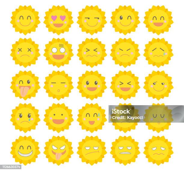 Character Icon Set Cute Sun Stock Illustration - Download Image Now - Sun, Laughing, Sadness