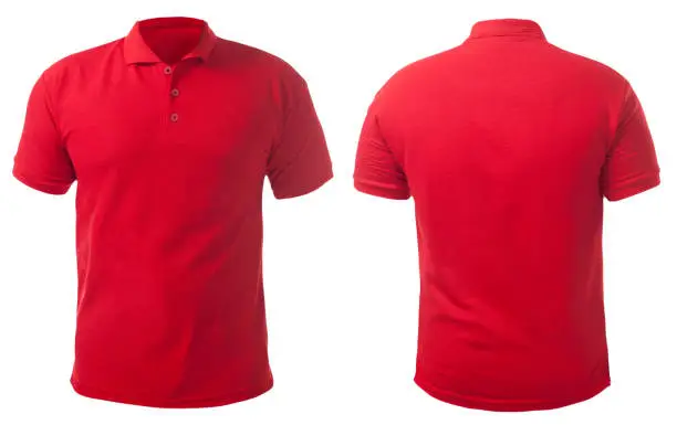 Blank collared shirt mock up template, front and back view, isolated on white, plain red t-shirt mockup. Polo tee design presentation for print.