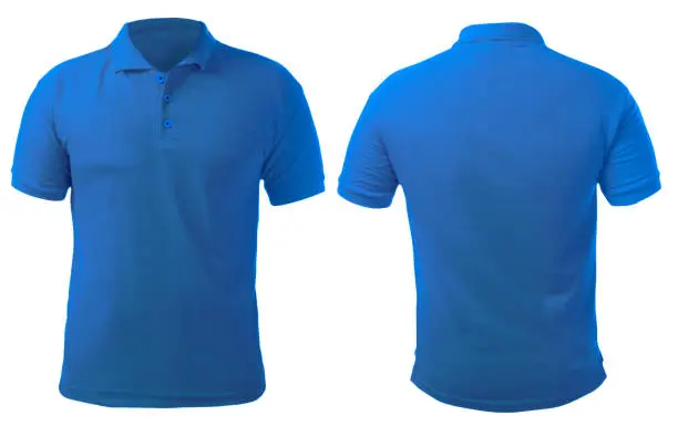Blank collared shirt mock up template, front and back view, isolated on white, plain blue t-shirt mockup. Polo tee design presentation for print.