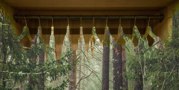 Clothes hanger with dresses in the forest. stock photo