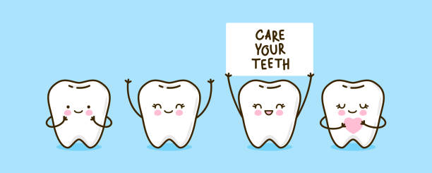 набор милые маленькие зубы на синий - sweet tooth in a row stock illustrations