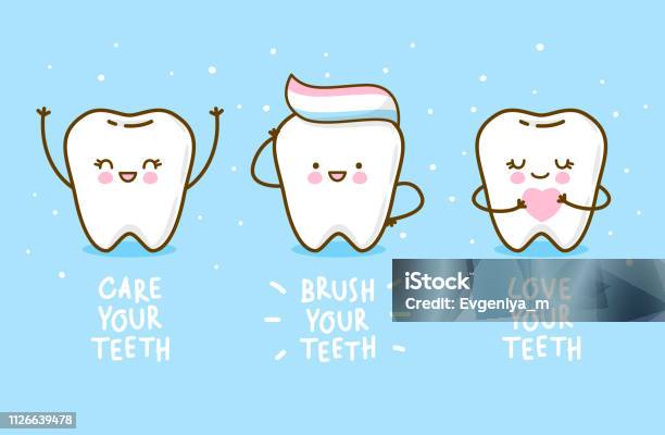 Set Van Schattige Kleine Tanden Stockvectorkunst en meer beelden van Tanden - Tanden, Geluk, Cartoon